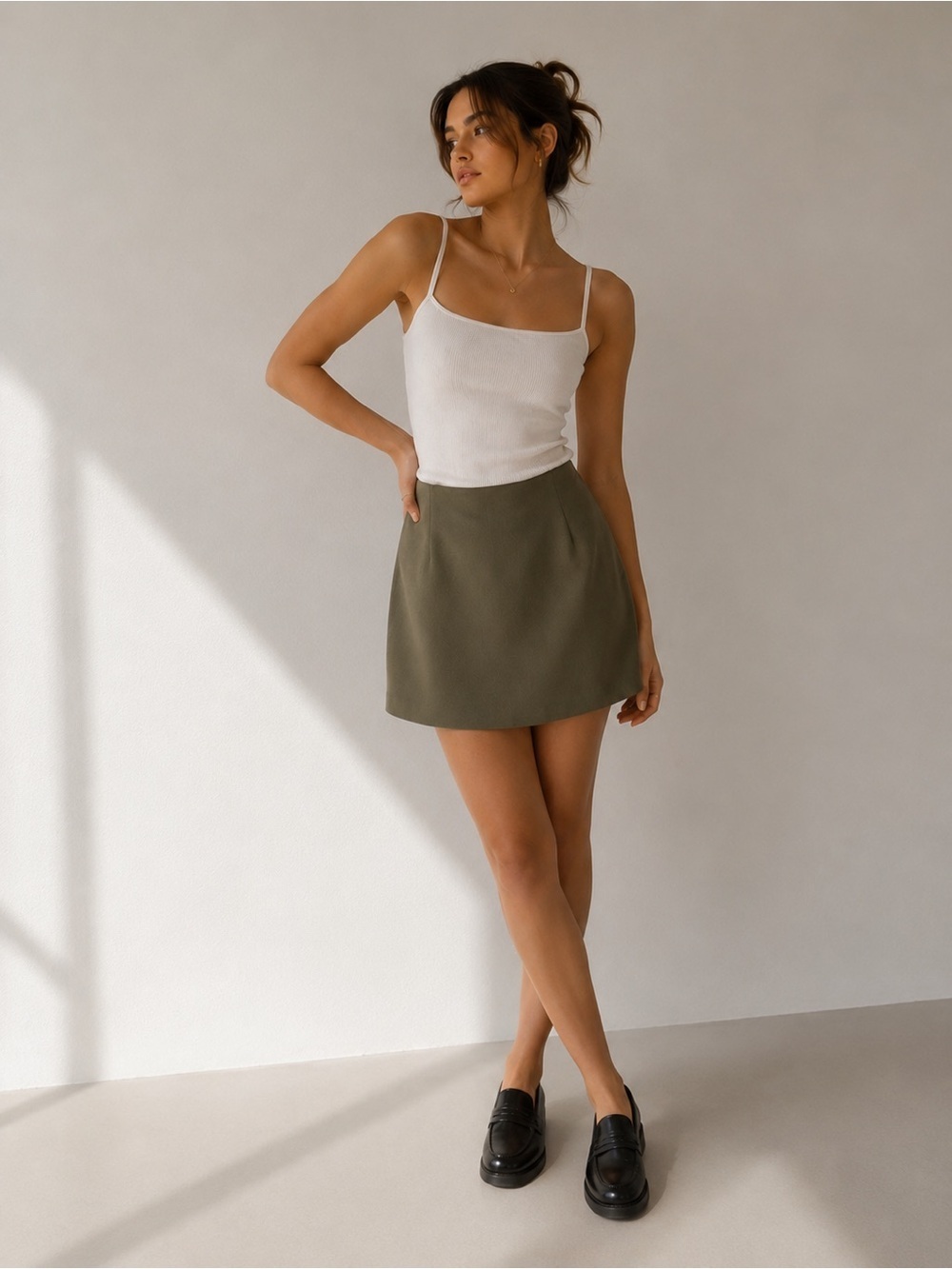 Olive Green A-Line Mini Skirt High Waist Minimal Chic Size S 28” Waist